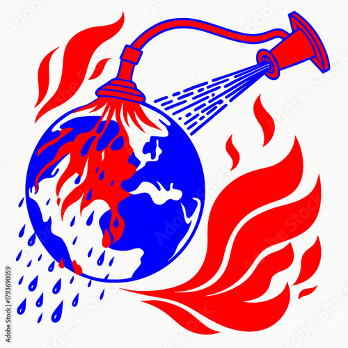 Planet Earth on fire, partially extinguished by an eco-friendly hose.