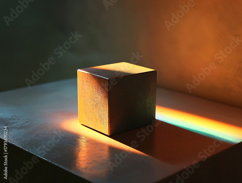 Wallpaper Mural Solitary Wooden Cube on Textured Surface with Dramatic Light and Shadow Play Torontodigital.ca