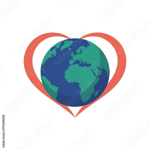 A heart embraces the planet earth symbolizing global love and care on a clean white background.