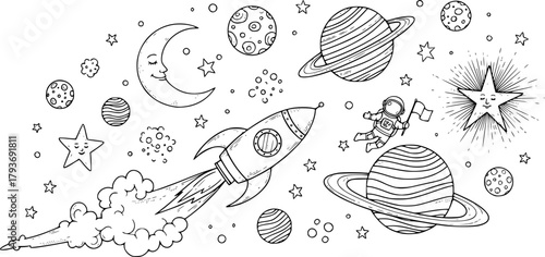 Whimsical doodle art of space exploration and planets
