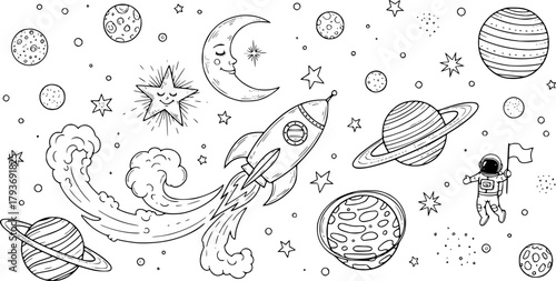 Whimsical doodle art of space exploration and planets
