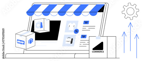 Digital storefront displayed on a laptop with shipping boxes, cart icons, and percentage sign. Ideal for online sales, retail growth, shopping, delivery, business strategy, e-commerce innovation
