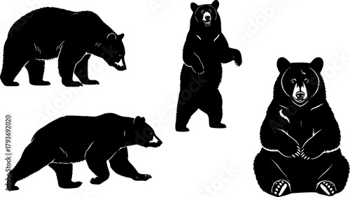 Collection of black bear silhouettes in various poses and actions