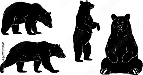 Collection of black bear silhouettes in various poses and actions