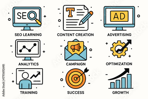 Digital marketing icons representing seo content creation advertising analytics and growth
