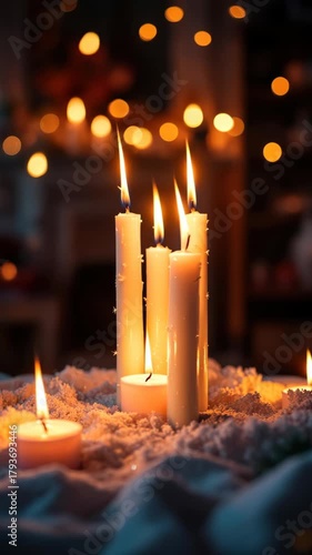 Cozy candlelit ambiance with glowing candles and warm bokeh lights