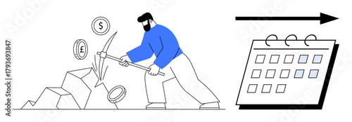 Man striking rocks with pickaxe to extract coins marked with currency signs, arrow pointing to calendar. Ideal for finance, investment, hard work, persistence, productivity, planning, achievement