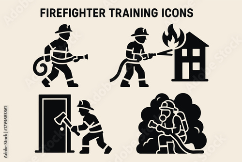 Set of firefighter training icons depicting various rescue and firefighting actions
