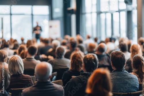 Audience listening speaker who standing in front of the room at the conference hall, Business and Entrepreneurship concept. High quality