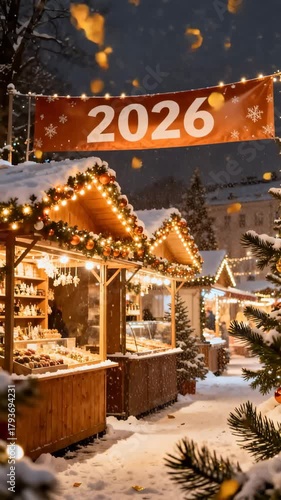 Festive 2026 christmas market with decorations and snowy stalls at night