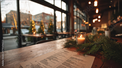 Cozy Restaurant Interior with Candlelit Table with menu and Christmas Decor by Large Windows