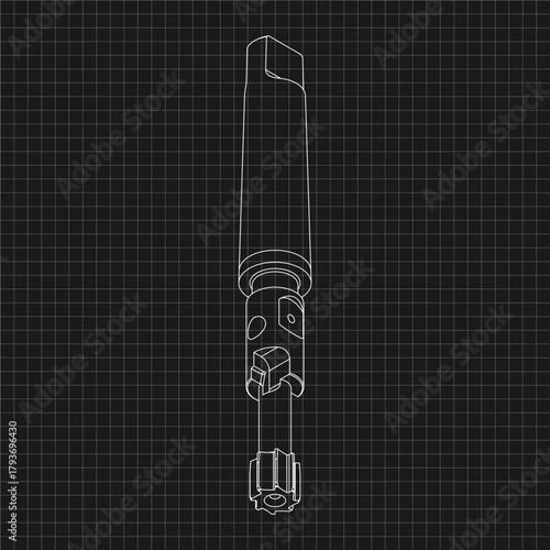Mechanical engineering drawings. Tap tools, borer. Technical Design. Cover. Blueprint. Step Cutting Tool with Countersinking Function. Technical 3D Vector Illustration