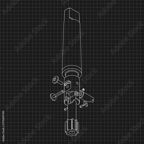 Mechanical engineering drawings. Tap tools, borer. Technical Design. Cover. Blueprint. Step Cutting Tool with Countersinking Function. Technical 3D Vector Illustration