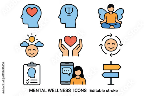 Collection of mental wellness and health icons representing well being and self care