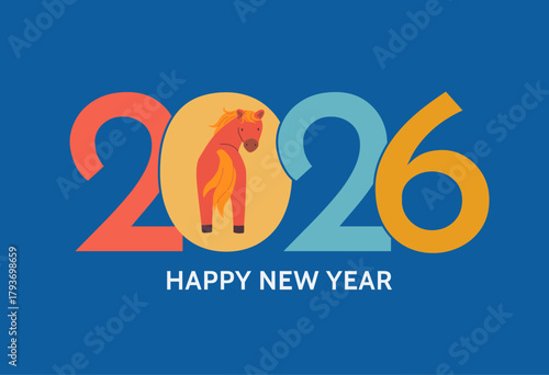 Happy New Year 2026 horse greeting card vector illustration. Chinese zodiac celebration background