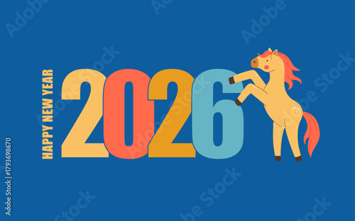 Happy New Year of the horse 2026 greeting card vector illustration.