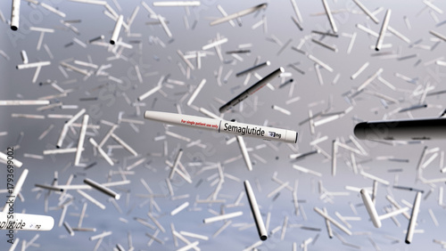 3d rendered image of a large number of semaglutide injection pens suspended in air