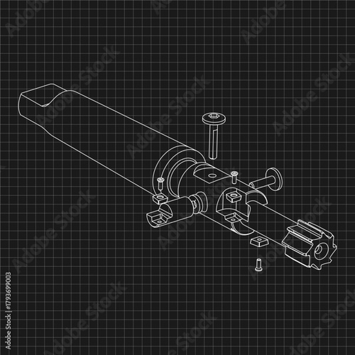 Mechanical engineering drawings. Tap tools, borer. Technical Design. Cover. Blueprint. Step Cutting Tool with Countersinking Function. Technical 3D Vector Illustration