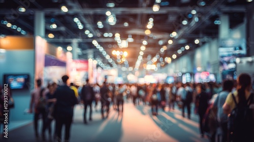 Blurred of Trade fair expo trade show booth international business convention event showcase center with large scale crowd of people gathering to see product and service display. High quality