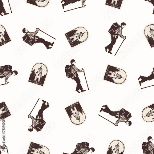 Christian pilgrim backpaker hand drawn seamless vector pattern. Religious home decor pilgrimage motif for scrapbooking paper. All over print for sunday school illustration. 