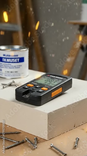 Moisture Meter on Workbench with Tools and Paint Can