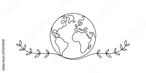 Continuous line art illustration of planet earth with a natural leafy branch, symbolizing global ecology, environmental care, peace, and unity Vector