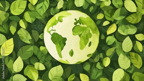 A creative vector concept of a stylized green Earth (globe) where continents are formed by or surrounded by various leaves and botanical elements, symbolizing sustainable global veganism.