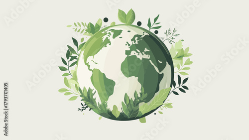 A creative vector concept of a stylized green Earth (globe) where continents are formed by or surrounded by various leaves and botanical elements, symbolizing sustainable global veganism.