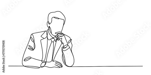 Thoughtful businessman in a continuous line drawing, sitting at a desk, hand on chin, contemplating a complex business strategy or new idea. Vector