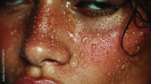 Close up of a woman's face, water pouring down her chin.