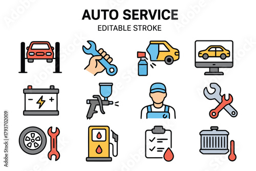 Comprehensive auto service icons illustrating vehicle repair and maintenance