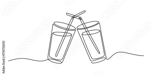 Continuous line drawing of two drinking glasses with straws clinking, symbolizing friendship, celebration, toast, party, and refreshment Vector