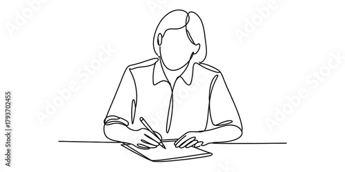 Continuous one line art drawing of a person sitting at a desk, writing on paper with a pen, illustrating concentration and productivity. Vector