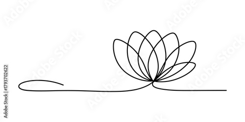 Single continuous line drawing of an elegant lotus flower, a minimalist symbol of peace, purity, spirituality, and harmony on a clean background Vector