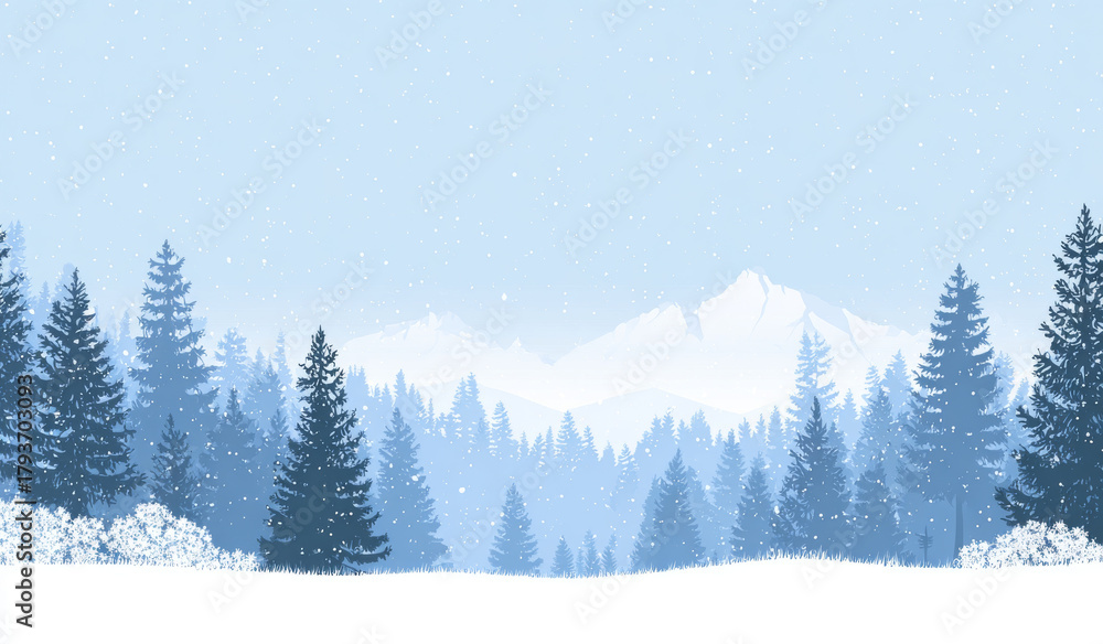 Obraz premium Serene winter landscape featuring snowy forest with tall evergreen trees and distant mountains under gentle snowfall