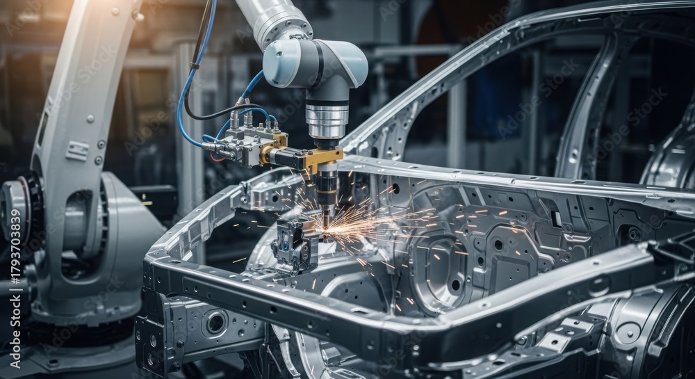 Obraz premium Car manufacturing depicted through automated robotic arm welding a car frame. Car manufacturing with robots optimizes metal assembly in car factory.