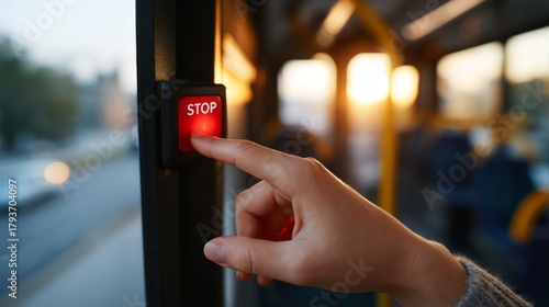 A close-up of a hand pressing the red 'STOP' button inside a city bus during sunset, showcasing the golden light filtering through.