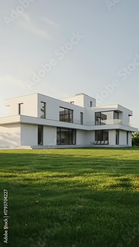 Modern white house with green lawn under clear sky