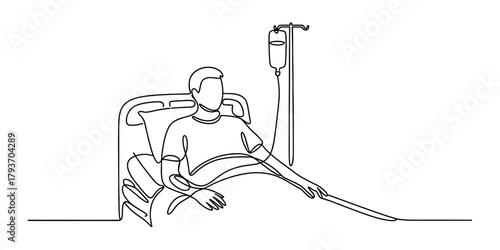 Continuous one line drawing of a patient receiving an intravenous drip while resting in a hospital bed, symbolizing medical care and recovery. Vector