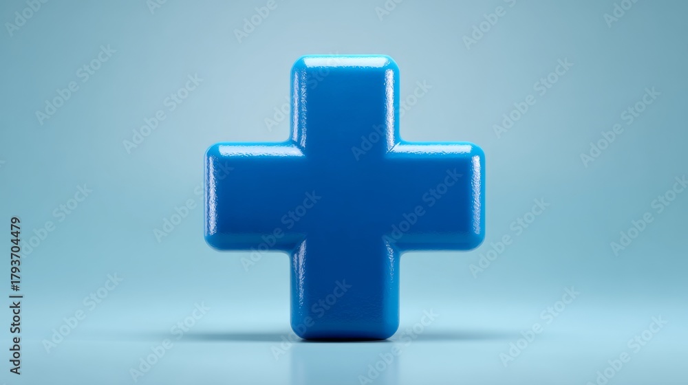 Obraz premium Shiny blue medical cross symbol on a soft blue background, conveying a sense of health and care.