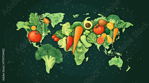 A vibrant, flat design vector banner showing a world map covered in various vegetables and fruits, symbolizing global adoption of plant-based eating for World Vegan Day.