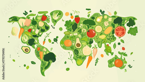 A vibrant, flat design vector banner showing a world map covered in various vegetables and fruits, symbolizing global adoption of plant-based eating for World Vegan Day.
