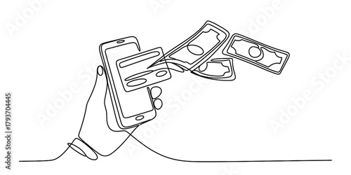 Continuous line drawing of a hand holding a mobile phone with a credit card and money bills flying out, depicting online banking and financial technology concepts. Vector