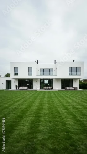 Modern white house with manicured lawn and cloudy sky