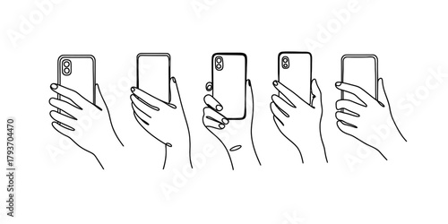 Continuous line art of various hands holding contemporary smartphones, symbolizing digital connectivity, mobile technology, online interaction. Vector
