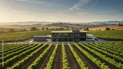 Modern winery amidst lush vineyards at sunset