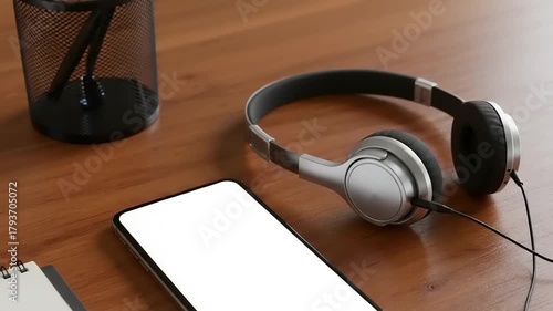 Modern workspace with headphones and smartphone on desk