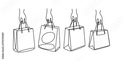Continuous line art illustration of hands holding various shopping bags, symbolizing shopping, consumerism, retail, and commerce Vector