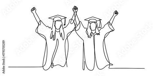 Continuous line art of two joyous graduating students in cap and gown celebrating academic success and accomplishment with arms raised Vector