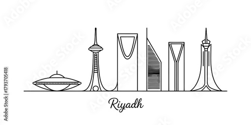 Riyadh skyline line art illustration: saudi arabia capital city's iconic modern architecture landmarks, travel and tourism vector artwork. Vector